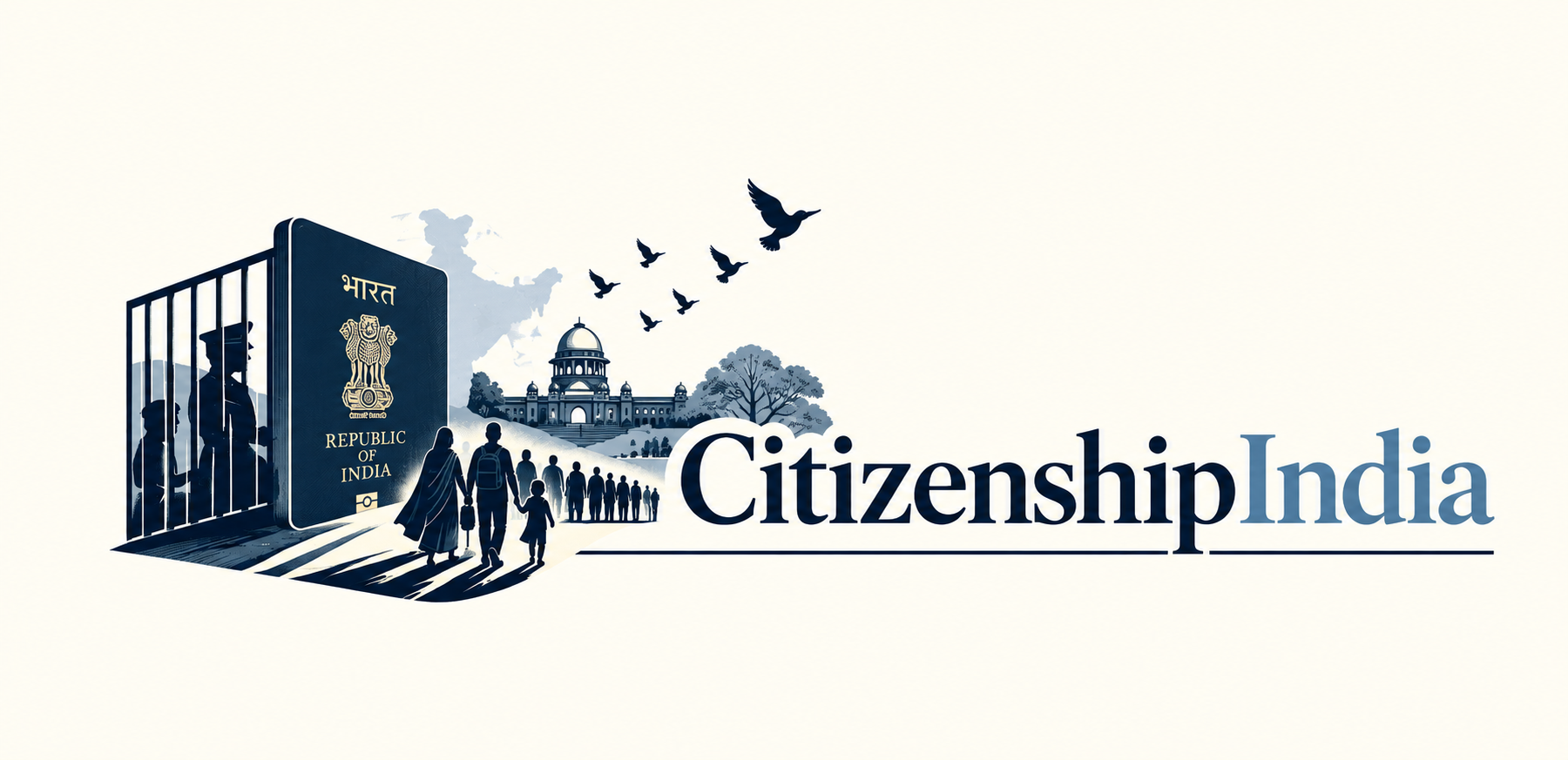 CitizenshipIndia: an Indian passport beside prison bars, a family walking towards the Supreme Court, birds in flight