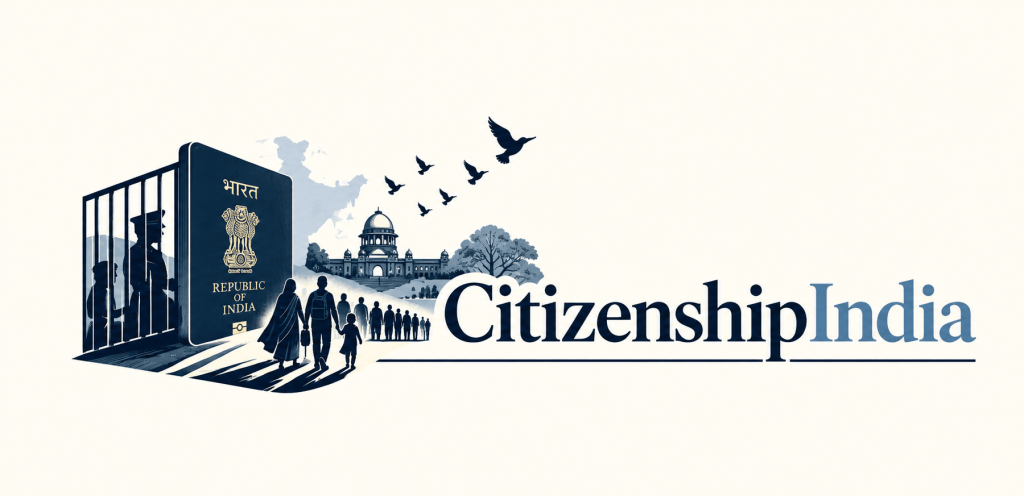 CitizenshipIndia: an Indian passport beside prison bars, a family walking towards the Supreme Court, birds in flight